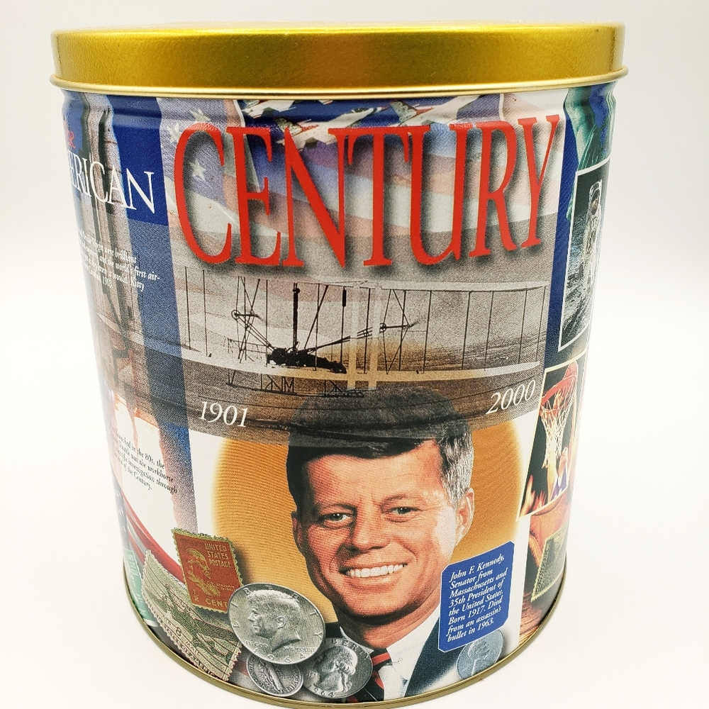 Vintage 1999-2000 Trail's End Popcorn Tin The American Century John Kennedy 7.3"
